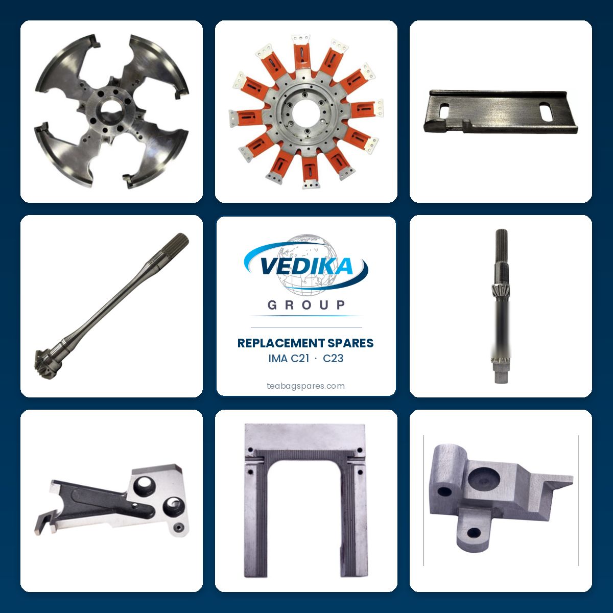 Replacement spares for IMA C21 and C23 teabag lines, manufactured at Vedika